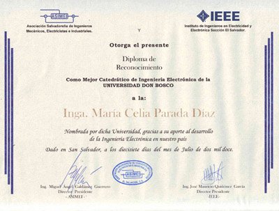 Diploma de reconocimiento de la Licda. Celia Parada
